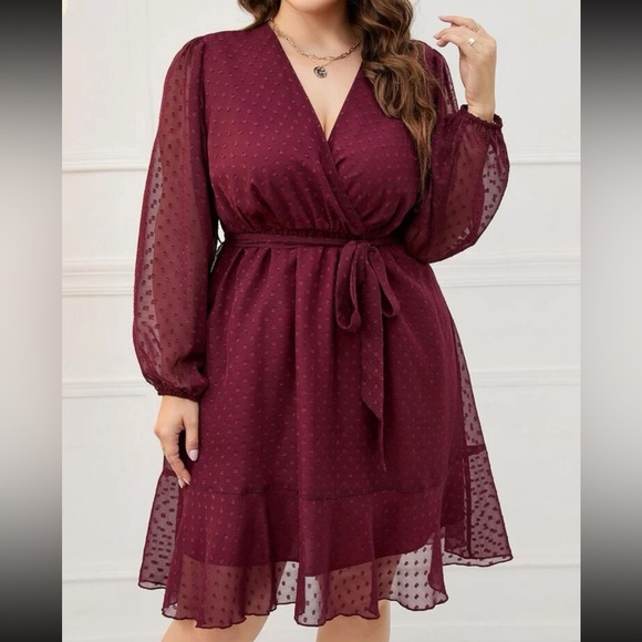 Burgundy plus size  bishop sleeve ruffle hem belted mini dress - Picture 6 of 6
